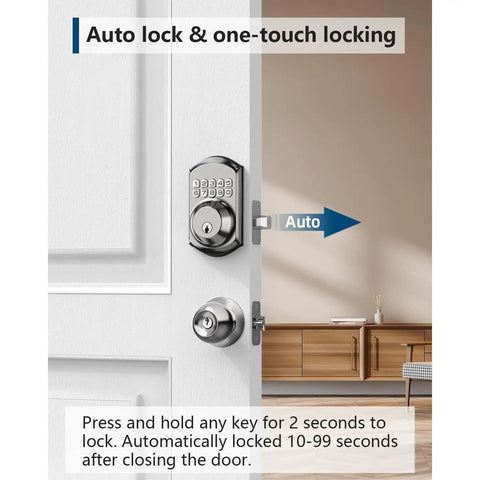Heavy Duty Keyless Entry Deadbolt With Keypad For Front Door Lock Featuring Hidden Passcode And 20 User Pins In Sleek Satin Nickel Finish on white door.
