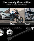 Universally compatible image showing a car, motorcycle, and truck with Extended Reach Dual Head Air Chuck Set With Quick Plug.