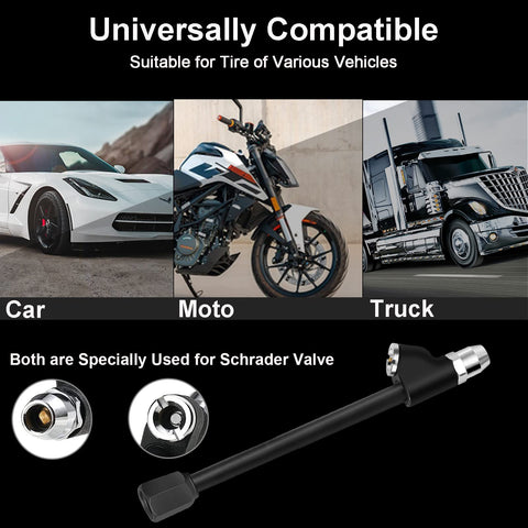 Universally compatible image showing a car, motorcycle, and truck with Extended Reach Dual Head Air Chuck Set With Quick Plug.
