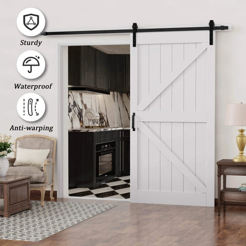 42 Inch By 84 Inch Sliding Barn Door Kit With 7 Ft Hardware Track Included Heavy Duty Water Resistant Anti Scratch White MDF Wood Door Easy Install K Frame in living room