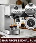 Pro Level 20 Bar Espresso Machine With Hella Smooth Built In Milk Frother Plus Fast Heating Stainless Steel System For Making Killer Lattes And Office Coffee Brews brewing rich espresso shots with two glasses.