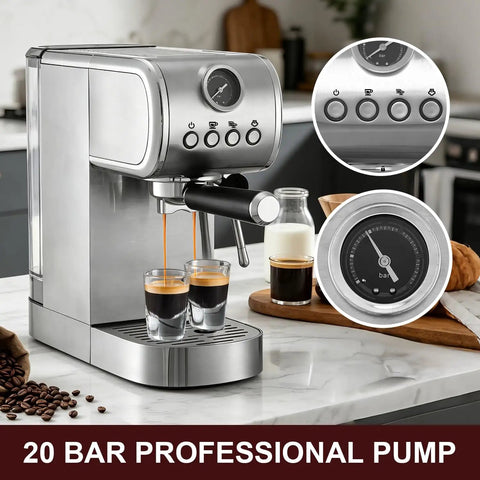 Pro Level 20 Bar Espresso Machine With Hella Smooth Built In Milk Frother Plus Fast Heating Stainless Steel System For Making Killer Lattes And Office Coffee Brews brewing rich espresso shots with two glasses.