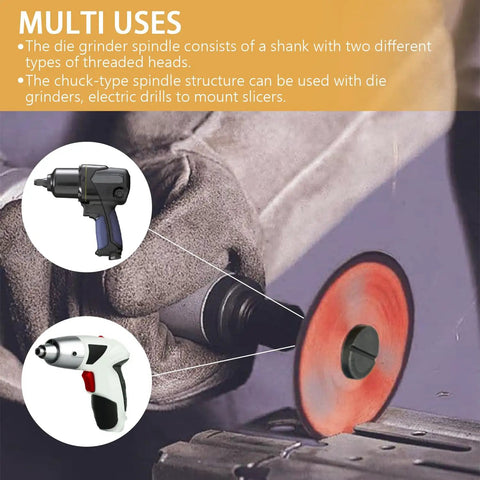 Beefed Up Mounting Mandrel Set for Die Grinder shown in use with Type One Cut Off Wheel, illustrating multi-tool compatibility.