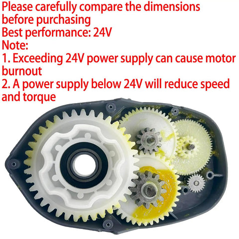 Inside view of Beefed-Up 280W RS775 High Speed Motor Gearbox showing gears and power notes for ride-on toys and UTVs.