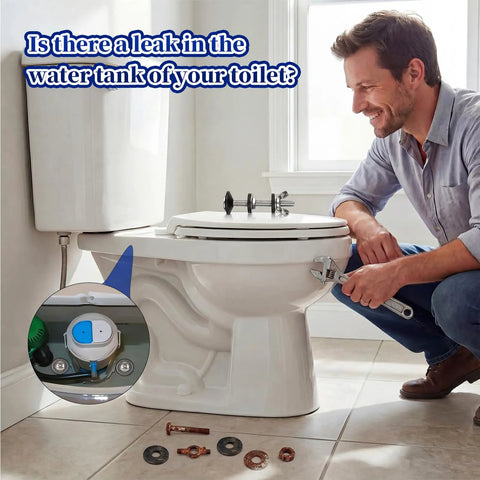 Man repairing toilet with Universal Toilet Tank To Bowl Bolt Repair Kit Four Piece Solid M8 Silver Hardware.