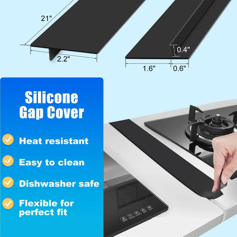 Silicone gap cover for stove top, shown with measurements, heat resistant, flexible fit, easy to clean, black color.