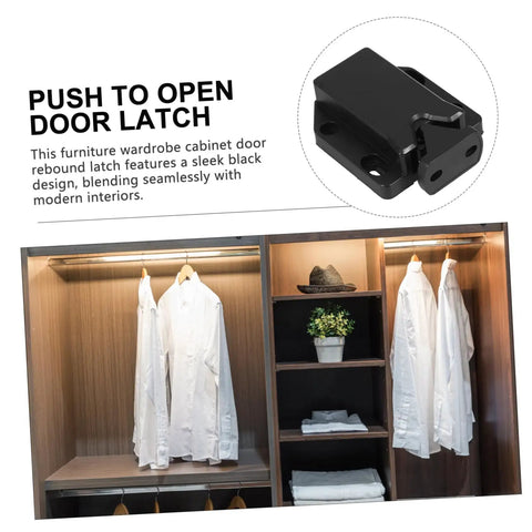 Black push to open door latch with wardrobe cabinet, part of Push To Open Cabinet Latch Kit Four Pack With Rebound Tech.