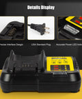 Close-up of Four Port Battery Charger Dock For 12V To 20V Max Batteries Multi Charger Station with USA plug and LED indicator.