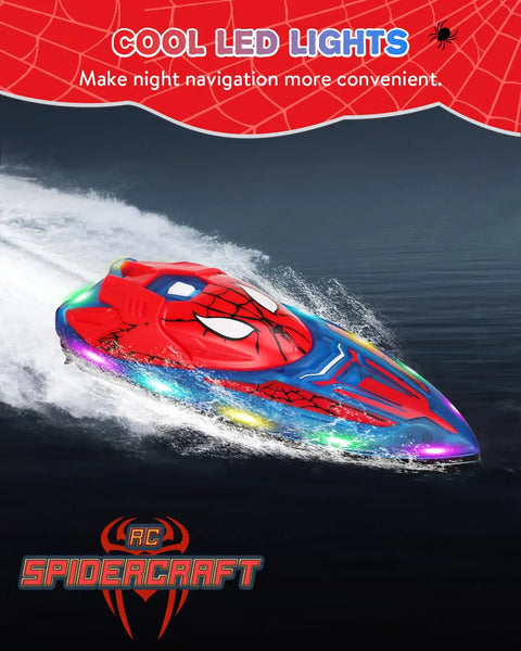 Spider Hero RC Boat 2.4GHz Remote Control Boat With LED Lights For Kids speeding on water with vibrant LED lights.