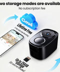 2K UHD Wireless Outdoor Security Camera With Free Cloud And SD Storage shown with mobile app and cloud icon.