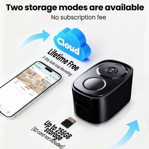 2K UHD Wireless Outdoor Security Camera With Free Cloud And SD Storage shown with mobile app and cloud icon.