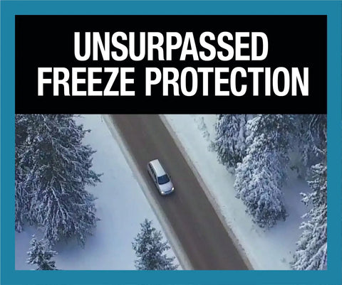 Top Shelf Heavy Duty G48 Antifreeze And Coolant Ready To Go 50 50 Mix shown in snowy winter road scene with trees.