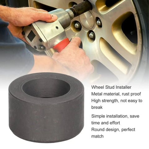 Shop Essential Wheel Stud Installer Tool aligns tire studs straight with metal design, used for effortless installation on vehicles.