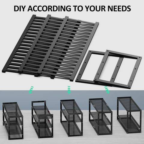 DIY assembly for 3 Tier Bamboo Shoe Rack Organizer 32.5 Inch Long Holds 9-15 Pairs Stackable Foldable Black parts laid out