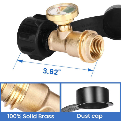 Propane Tank Gauge Level Indicator For 20Lb Tanks With Leak Detector, Brass Pressure Gauge showing size and dust cap