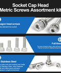 Socket Cap Head Metric Screws Assortment Kit with hexagon head screws, full thread, and 304 stainless steel material.
