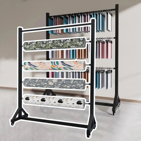 Heavy Duty Rolling Fabric Display Rack With Adjustable Cloth Roll Poles And Casters Hella Spacious 10 pole rack holding various fabric rolls.