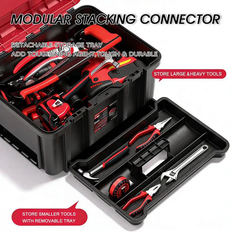 Interior view of Three Tier Stackable Rolling Tool Box With Wheels Garage Ready, Modular Tool Organizer System, showing tools in trays.