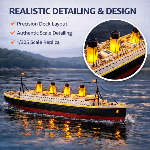 32 Inch Remote Control Titanic Boat With LED Lights And 2.4 GHz Radio Large RC Cruise Ship For Pool Lake Ocean Realistic Grand Model Vessel For Adults And Collectors showcasing illuminated smokestacks and detailing, floating on water.