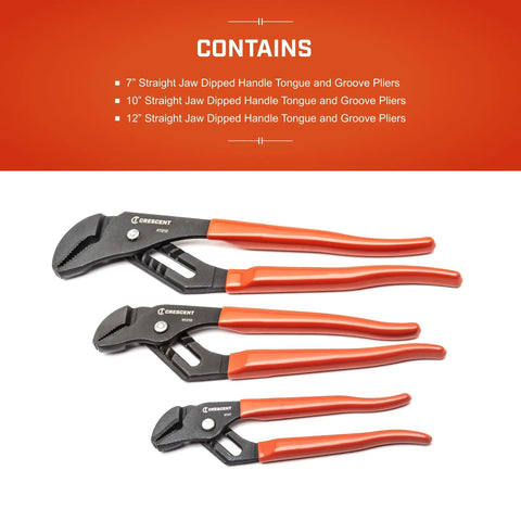 Workhorse Three Piece Straight Jaw Tongue and Groove Plier Set with Dipped Handles on white background, three sizes visible