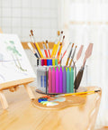 Clear Acrylic Marker Organizer With 360 Degree Rotating Pencil And Crayon Holder, 250 Piece Set on a desk with art supplies
