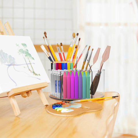 Clear Acrylic Marker Organizer With 360 Degree Rotating Pencil And Crayon Holder, 250 Piece Set on a desk with art supplies