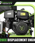 Close-up of the gas engine of a Gas Powered Hot Water Pressure Washer 3500 PSI 4 GPM 212 F Electric Start Commercial Grade Portable Gas Engine Built To Bust Through Grime For Tough Jobs 49 State Compliant