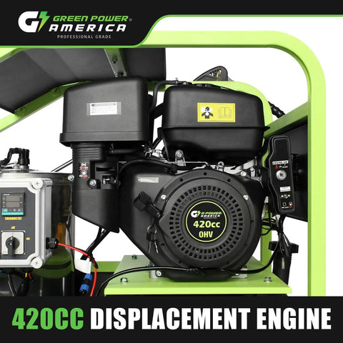 Close-up of the gas engine of a Gas Powered Hot Water Pressure Washer 3500 PSI 4 GPM 212 F Electric Start Commercial Grade Portable Gas Engine Built To Bust Through Grime For Tough Jobs 49 State Compliant