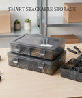 Stackable Storage Bin With Lid For Small Hardware Like Screws Nuts Bolts And Fasteners Compact Plastic Organizer on workbench