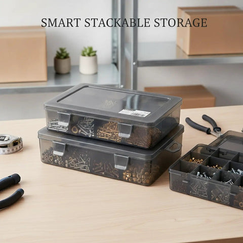 Stackable Storage Bin With Lid For Small Hardware Like Screws Nuts Bolts And Fasteners Compact Plastic Organizer on workbench