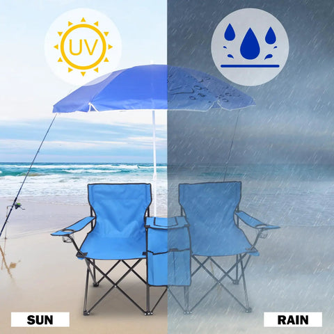 Folding Double Camping Chair With Detachable Umbrella Ice Bag Cup Holder Built In Cooler Bag Carrying Bag, blue, beach setup