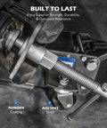Installed view of Orion Motor Tech brake caliper compression tool set on a vehicle brake caliper; steel threaded rod and metal housing.