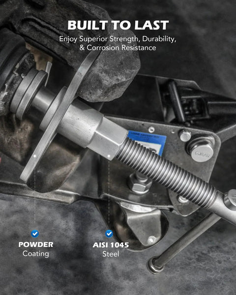 Installed view of Orion Motor Tech brake caliper compression tool set on a vehicle brake caliper; steel threaded rod and metal housing.