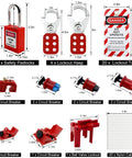 Lockout Tagout Kit With Clamp On Circuit Breaker Locks, Group Lockout Hasps, Safety Tags, Universal Multi Pole Breaker Lockout, And Portable Steel Tool Box For OSHA Compliant Lockout Procedures, showing assorted lockout devices and safety tags.