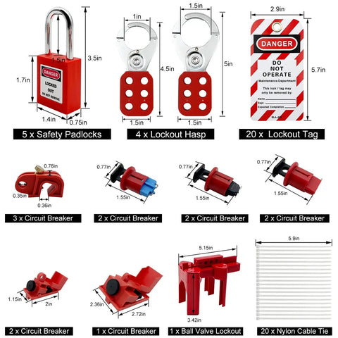 Lockout Tagout Kit With Clamp On Circuit Breaker Locks, Group Lockout Hasps, Safety Tags, Universal Multi Pole Breaker Lockout, And Portable Steel Tool Box For OSHA Compliant Lockout Procedures, showing assorted lockout devices and safety tags.