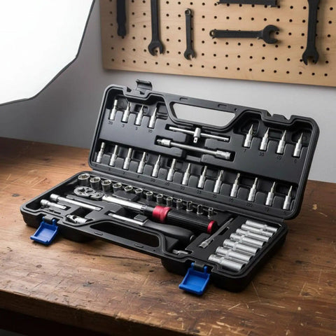 Open case of 51-Piece Ratchet Socket Set Steel With Adjustable Tension Wrench Kit For Auto Repair And DIY Grab-And-Go Home Maintenance