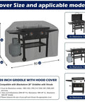 Custom Fit Griddle Cover For Blackstone 28 Inch Griddle Cooking Station With Hood Waterproof Oxford Grill Cover For 1883 1924 And More All Weather Tough Tailored Shield Keeps Grill Clean And Dry in size chart view with model examples.