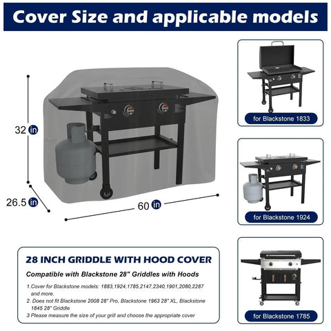 Custom Fit Griddle Cover For Blackstone 28 Inch Griddle Cooking Station With Hood Waterproof Oxford Grill Cover For 1883 1924 And More All Weather Tough Tailored Shield Keeps Grill Clean And Dry in size chart view with model examples.