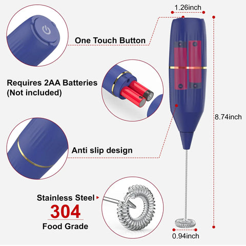 Handheld Milk Frother 14,000 RPM Drink Mixer Wand With Stand And Stirring Spoon Quiet One Button Operation shown with features