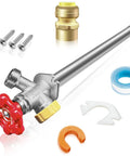 Frost Free Outdoor Faucet With Anti Siphon Backflow Preventer, Lead Free Brass Frost Proof Sillcock, 1/2 Inch Push To Fit Connector To 3/4 Inch Hose Bibb with accessories displayed