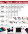 Chart of 44 precision screwdriver bits for 58 In 1 Magnetic Precision Screwdriver Set With Case For iPhone MacBook Computers And More.