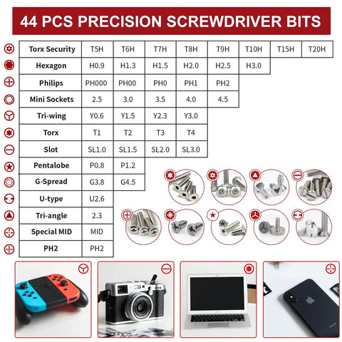 Chart of 44 precision screwdriver bits for 58 In 1 Magnetic Precision Screwdriver Set With Case For iPhone MacBook Computers And More.