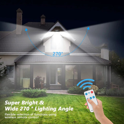 Outdoor Solar Flood Lights With 288 LED 2500LM 4 Head Motion Sensor Security Light illuminating house front