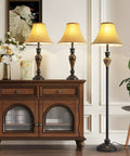Three Piece Living Room Lamp Set With Vintage Table And Floor Lamps, Sturdy Iron Bases And Brown Fabric Shades, Art Deco Inspired Style