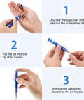 Steps for using Pen Shaped 8 In 1 Magnetic Pocket Screwdriver Set For Dads And Gadget Lovers, detailing bit placement and use.