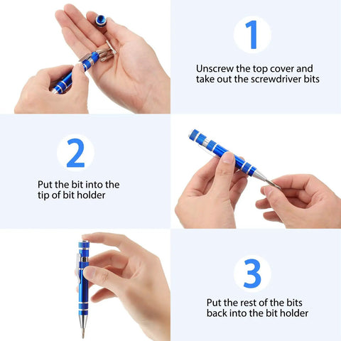 Steps for using Pen Shaped 8 In 1 Magnetic Pocket Screwdriver Set For Dads And Gadget Lovers, detailing bit placement and use.