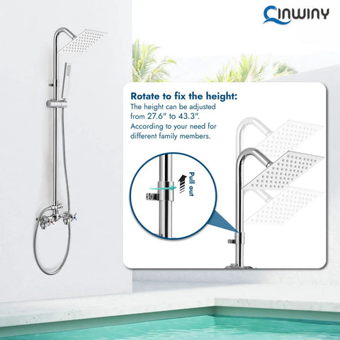 Wall Mount Outdoor Shower Kit With Chrome Rainfall Head And Handheld Spray beside pool, adjustable slide bar visible