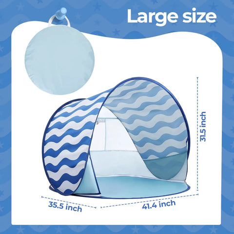 Pop Up Baby Beach Tent With UPF 50+ Canopy, Portable Sun Shade For Infants And Toddlers, Wind Resistant Base, Blue Wave Stripes