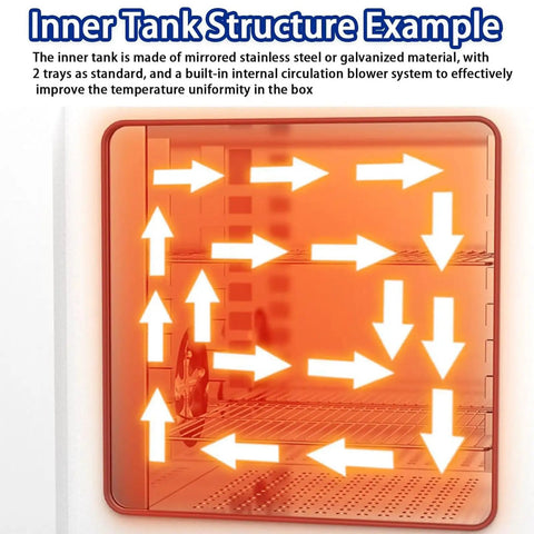 Inner tank structure of 16 Liter Lab Forced Air Convection Drying Oven showcasing stainless steel and airflow design.