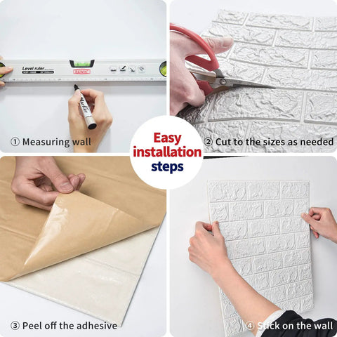 Easy installation steps for Peel And Stick 3D Foam Faux Brick Wall Panels White, Waterproof Self Adhesive Brick Wallpaper.